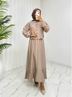 Omuzu Taşlı Düğmeli Ceket Etek Keten Takım -Vizon