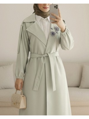 Broşlu Taş Detaylı Balon Kol Trençkot -Taş