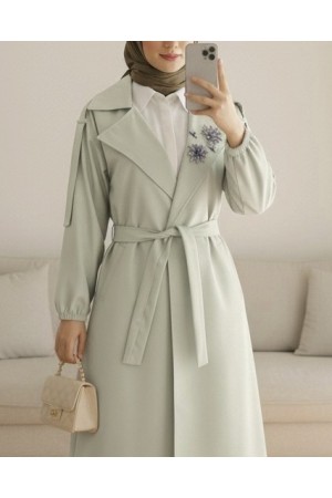 Broşlu Taş Detaylı Balon Kol Trençkot -Taş