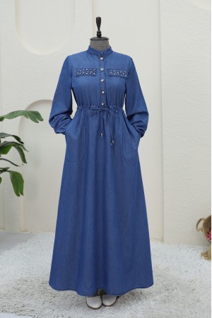 Taşlı Cep Detaylı Tünel Bağcıklı Kot Elbise -İndigo