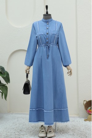 Yarım Düğmeli Püskül Detaylı Tünel Bağcıklı Kot Elbise -Açık Mavi