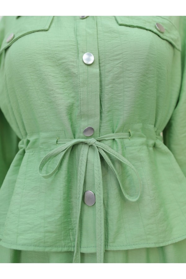 Metal Buttoned Waist Tied Shirt Vest Dress -LIGHT GREEN