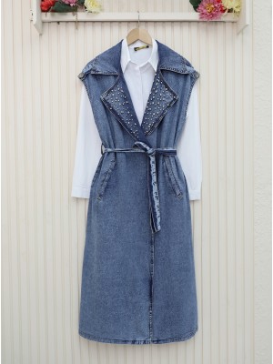 Belted Denim Vest with Stone Detail on the Front -Ice Blue