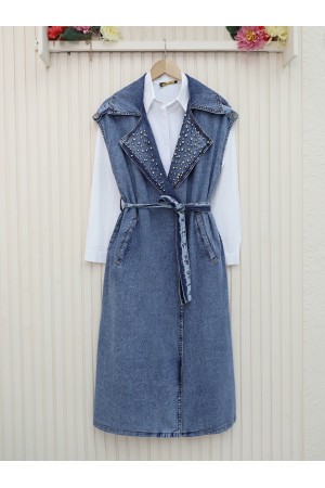 Önü Taş Detaylı Kemerli Kot Yelek -Buz Mavi