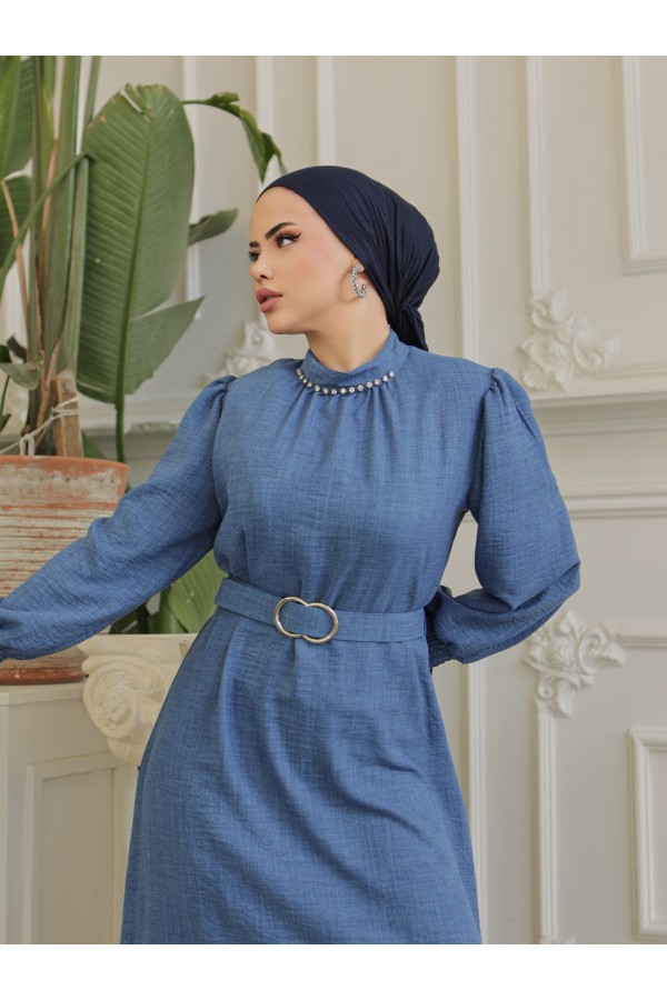 Belted Linen Dress with Stone Collar, Gathered Sleeves  -İndigo