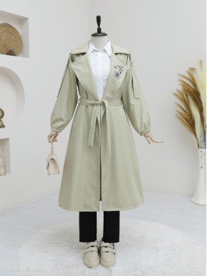 Broşlu Taş Detaylı Balon Kol Trençkot -Taş