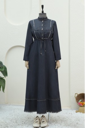 فستان جينز بفتحة رباط وتفاصيل شراشيب وأزرار نصفية -أسود