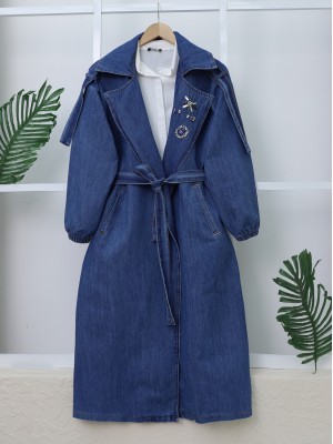 Önü Taş Detaylı Beli Bağcıklı Kot Trençkot -Mavi