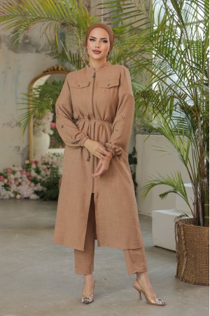 Kapak Cepli Boydan Fermuarlı Keten Kap -Vizon