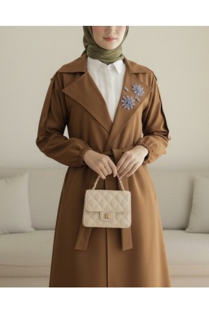 Broşlu Taş Detaylı Balon Kol Trençkot -Taba