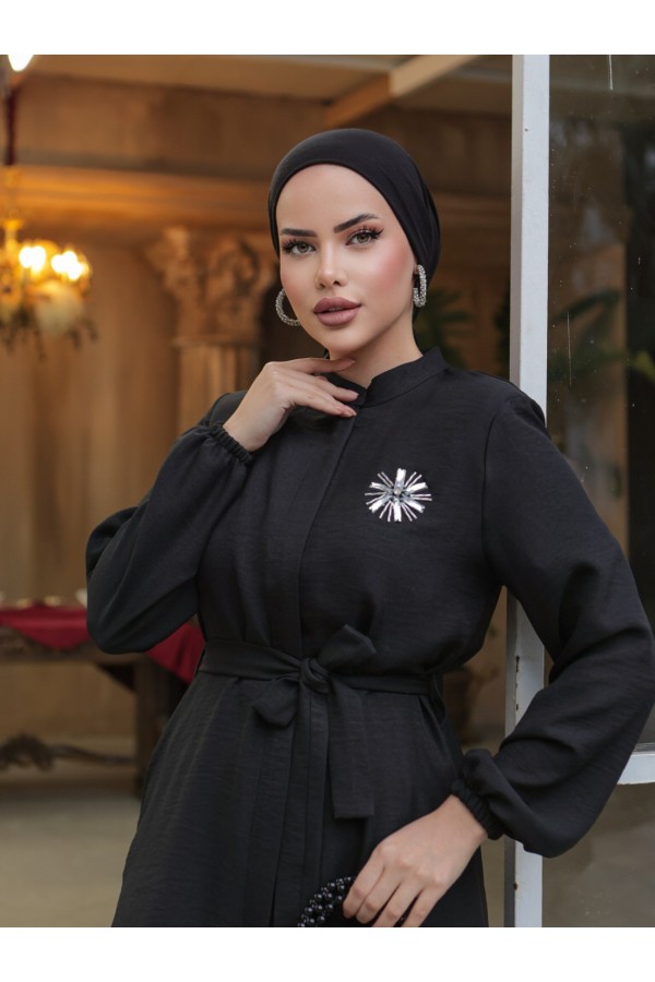 Broşlu Keten Görünümlü Tunik -Siyah