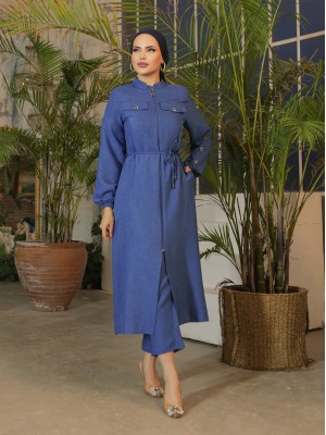 Kapak Cepli Boydan Fermuarlı Keten Kap -İndigo