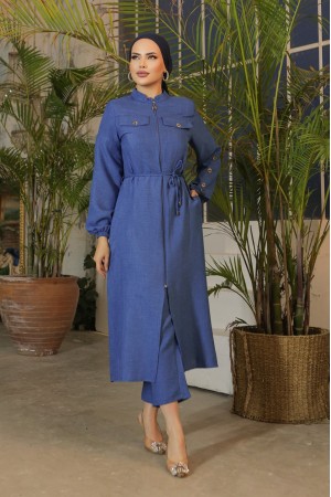 Kapak Cepli Boydan Fermuarlı Keten Kap -İndigo