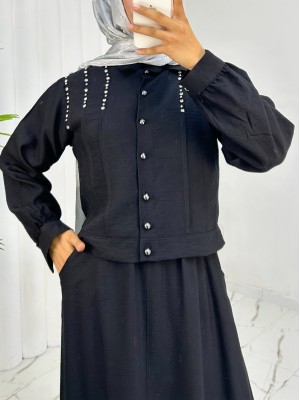 Omuzu Taşlı Düğmeli Ceket Etek Keten Takım -Siyah