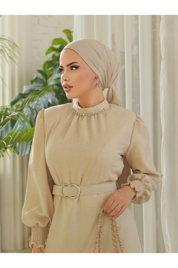 Belted Linen Dress with Stone Collar, Gathered Sleeves - Beige