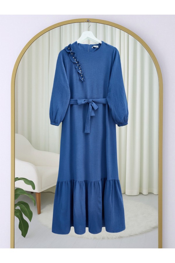 Ruffle Stone Detailed Piece Skirt Belted Ayrobin Dress -İndigo
