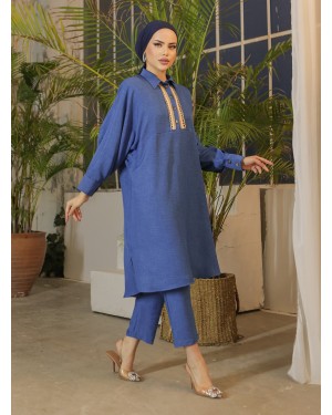 Düğmeli Dantel İşlemeli Salaş Keten Tunik -İndigo