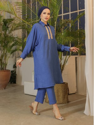 Buttoned Lace Embroidered Casual Linen Tunic -İndigo