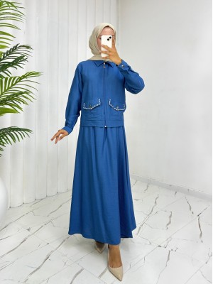 Fermuarlı Ceketli Beli Lastikli Etekli Keten Takım -Mavi