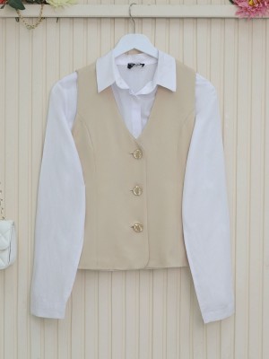 Düğmeli Astarlı Yelek -Bej