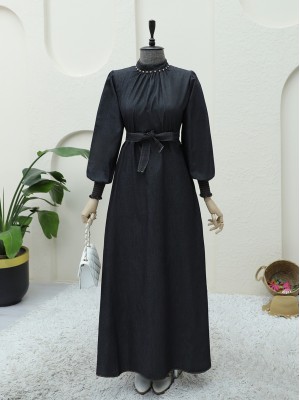 Kolu Lastikli Yakası Taşlı Kot Elbise -Antrasit