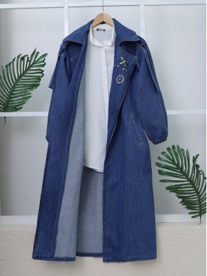 Önü Taş Detaylı Beli Bağcıklı Kot Trençkot -Mavi