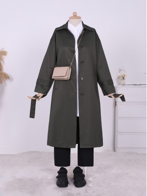 Düğmeli Beli Bağcıklı Kolu Apoletli Trençkot -Haki