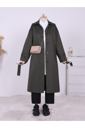 Düğmeli Beli Bağcıklı Kolu Apoletli Trençkot -Haki