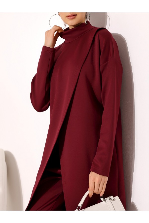 Stand Collar Front Double Layer Tunic Trousers Scuba Suit -Maroon