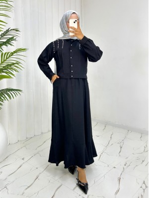 Omuzu Taşlı Düğmeli Ceket Etek Keten Takım -Siyah