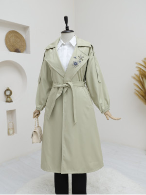 Broşlu Taş Detaylı Balon Kol Trençkot -Taş