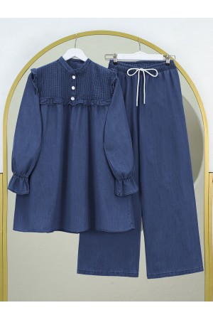 Robası Fırfırlı Kolu Lastikli Bol Paça Pantolonlu Kot Takım -İndigo