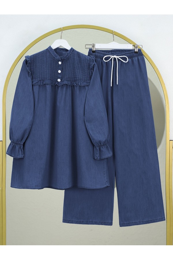 Denim Set with Frilled Robe and Elasticated Sleeves and Wide Leg Trousers -İndigo