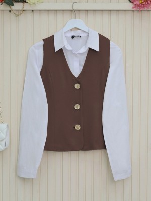 Düğmeli Astarlı Yelek -Kahve