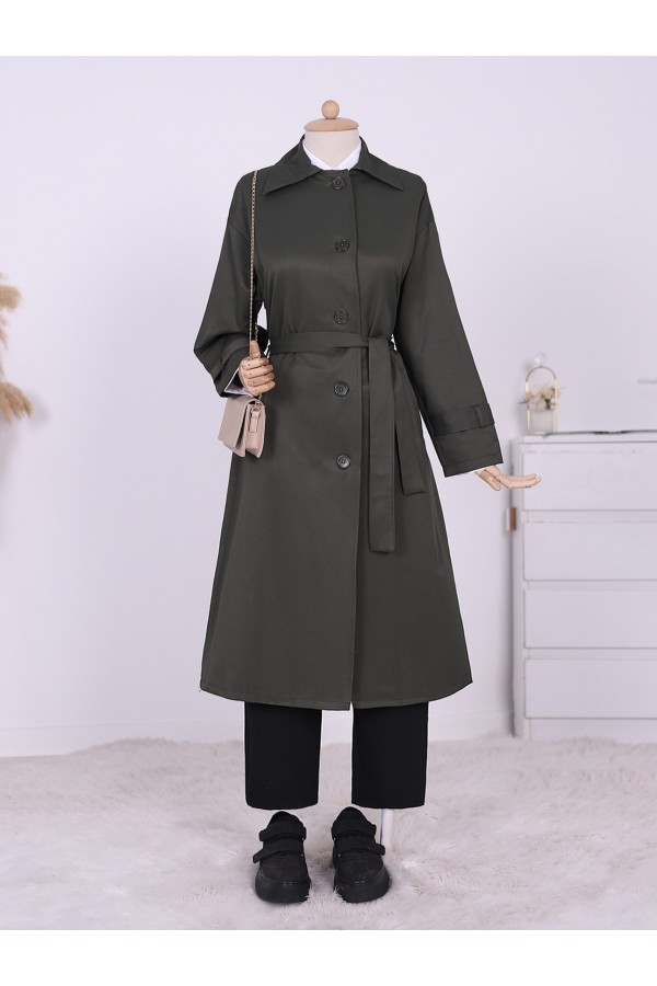 Buttoned Waist Tied Arm Epaulette Trench Coat -Khaki