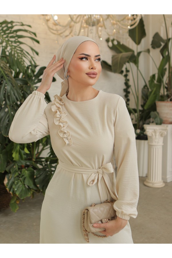 Ruffle Stone Detailed Piece Skirt Belted Ayrobin Dress -Ecru