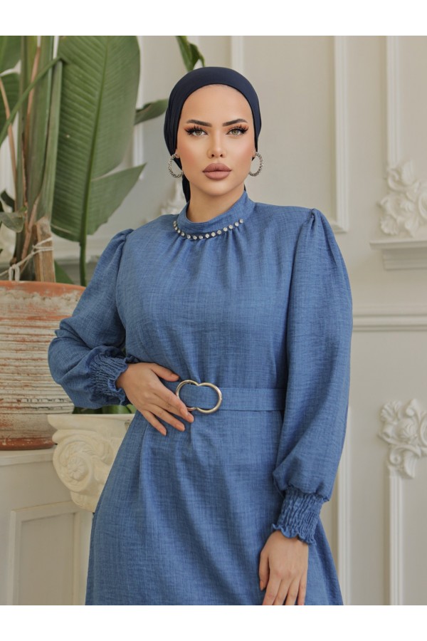 Belted Linen Dress with Stone Collar, Gathered Sleeves  -İndigo