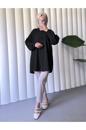 تونيك أيروبين كاجوال بأكمام مكشكشة ومرصعة -أسود