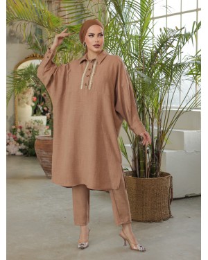 Düğmeli Dantel İşlemeli Salaş Keten Tunik -Vizon