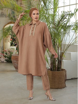 Buttoned Lace Embroidered Casual Linen Tunic -Mink color