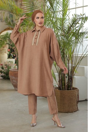 Düğmeli Dantel İşlemeli Salaş Keten Tunik -Vizon
