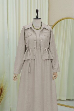 Metal Düğmeli Beli Bağlamalı Gömlek Jile Elbise -Vizon