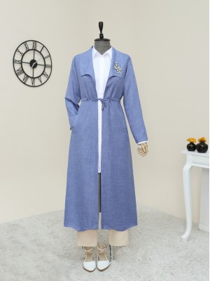 Taş İşlemeli Belden büzgülü Keten Kap -Mavi