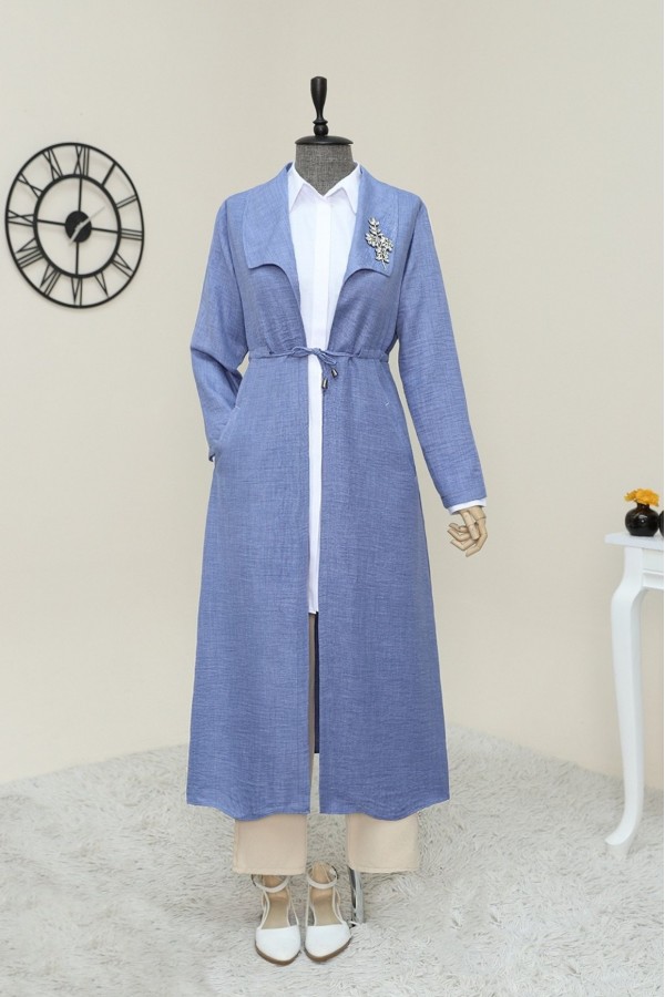 Stone Embroidered Linen Cap Gathered at Waist -Blue