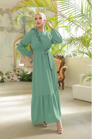 Ruffle Stone Detailed Piece Skirt Belted Ayrobin Dress -Cagla Green
