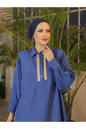 تونيك كتان كاجوال مطرز بالدانتيل بأزرار -اللون النيلي