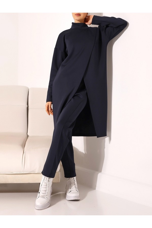 Stand Collar Front Double Layer Tunic Trousers Scuba Suit -Black