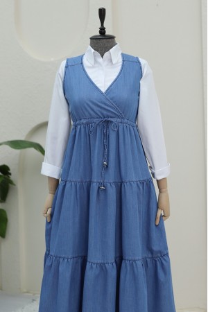 Tünel Bağcıklı V Yaka Kot Jile -Mavi