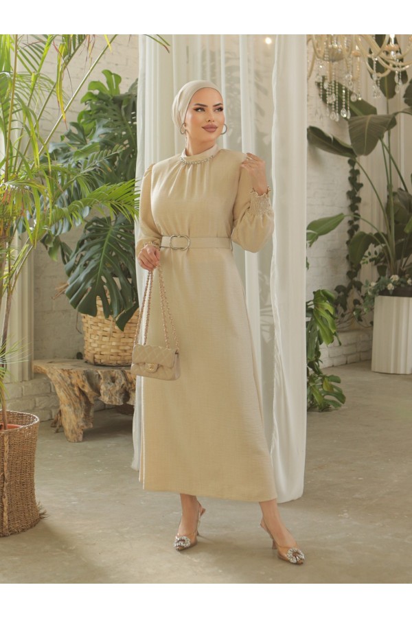 Belted Linen Dress with Stone Collar, Gathered Sleeves - Beige