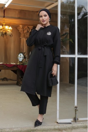 Broşlu Keten Tunik -Siyah